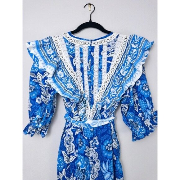 Farm Rio Full of Flowers Linen Ruffle Jumpsuit S Floral Lace Belted Vneck - Picture 7 of 13